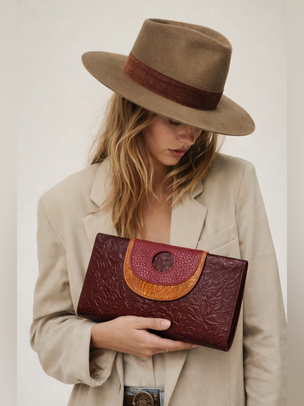 Tooled Leather Clutch | Embossed Floral | Burgundy Multi | Genuine Leather